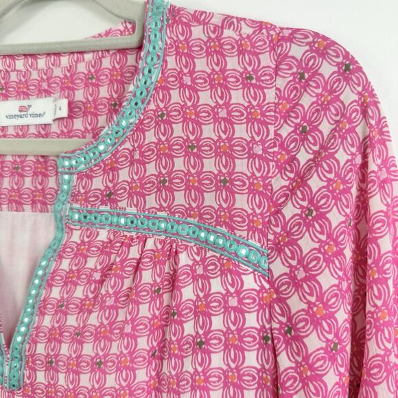 Vineyard Vines Cowrie Shell Mirrored 100% Silk Tunic Dress Size 4 Embroidered - Picture 7 of 16